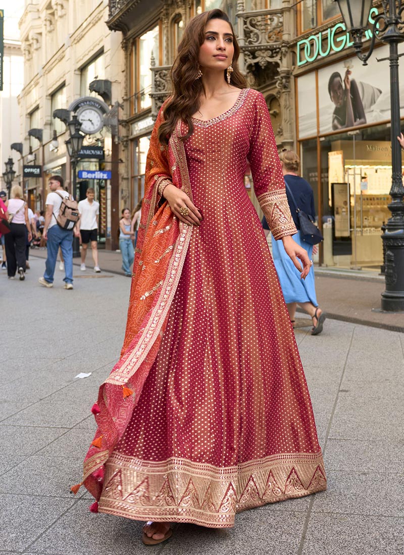Pink chiffon printed anarkali suit